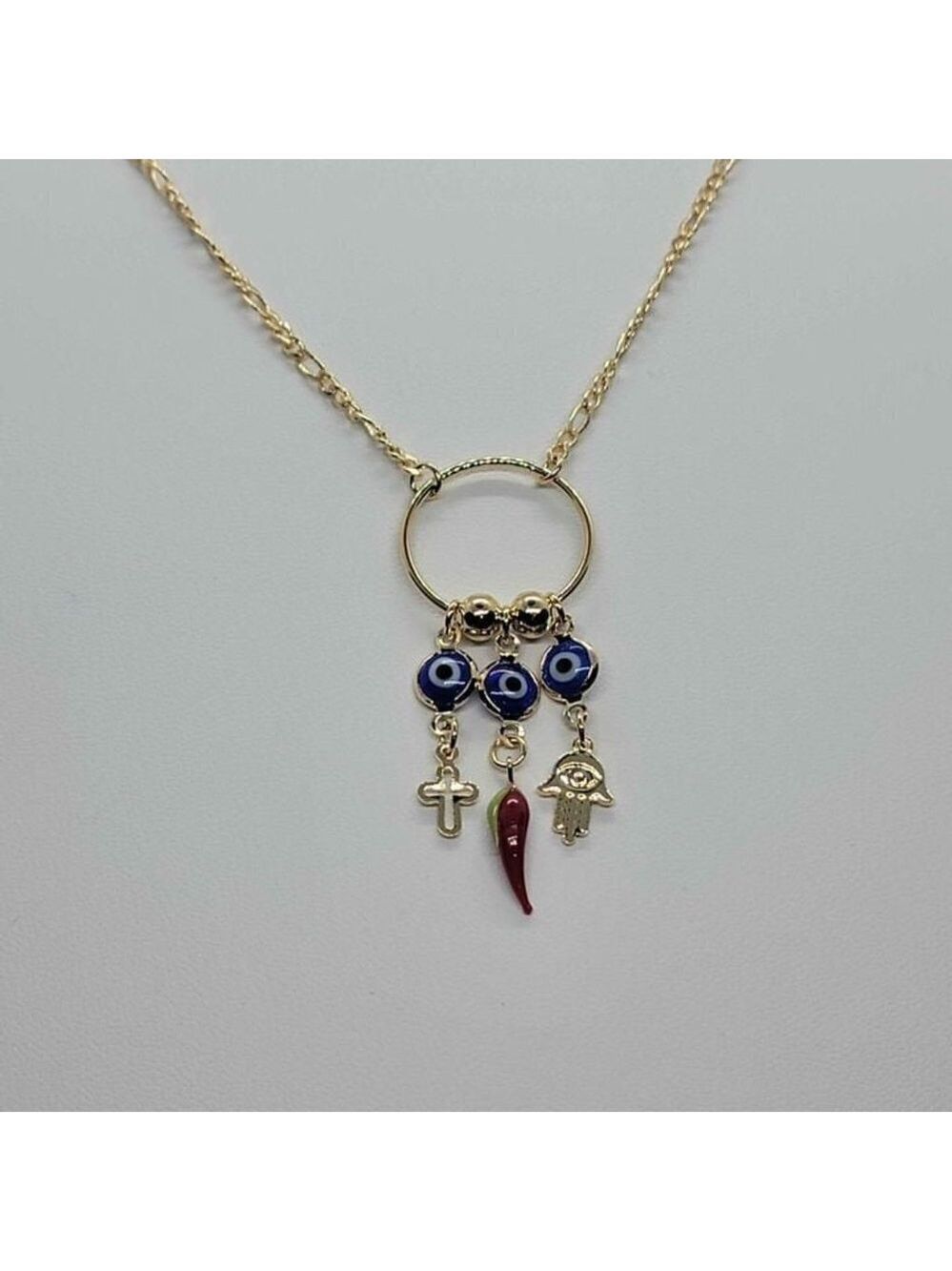 Brand New Brazilian 18k Gold Filled Lucky Charms with blue Evil Eye Necklace - Picture 2 of 4